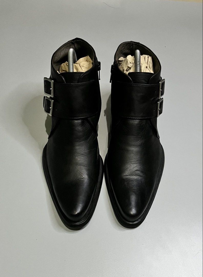 Young Age Ankle Boots (Category: Boots) located in Pagadian. Submitted by lifetalirongan (Listing ID 1468655776, Image 2). Description: Black leather ankle boots featuring side zippers and buckle straps, with “YOUNG AGE” and “Made in Italy” stamped on the inner footbeds..
