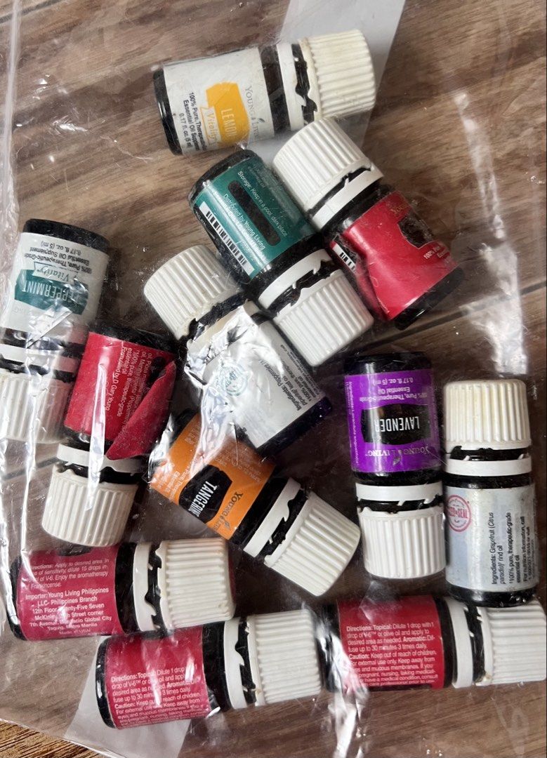Young Living Essentia l Oils (Empty bottles) (Category: Fragrance & Deodorants) located in Quezon City. Submitted by flyingmommie (Listing ID 1468552557, Image 2). Description: Empty bottles only 26 bottles - P 349 all or P20 each 12 bottles - P199 all or P15 each.