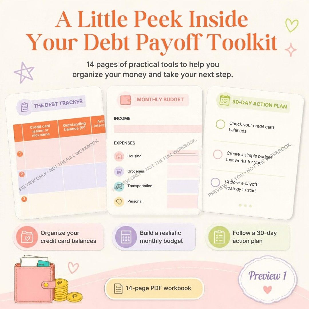Your Credit Card Debt Payoff Toolkit PDF Workbook (Category: Textbooks) located in Makati City. Submitted by rubyconfessions (Listing ID 1468558133, Image 2). Description: - 14-page digital workbook designed to organize personal credit card debt - Includes a debt tracker, monthly budget planner, and repayment strategy planner - Features a 30-day action checklist to kickstart your progress - 100% digital product with instant download (no physical 