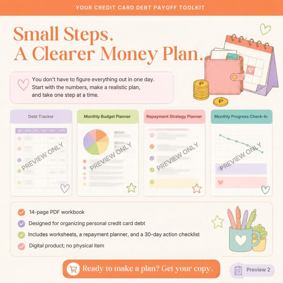 Your Credit Card Debt Payoff Toolkit PDF Workbook (Category: Textbooks) located in Makati City. Submitted by rubyconfessions (Listing ID 1468558133, Image 3). Description: - 14-page digital workbook designed to organize personal credit card debt - Includes a debt tracker, monthly budget planner, and repayment strategy planner - Features a 30-day action checklist to kickstart your progress - 100% digital product with instant download (no physical 