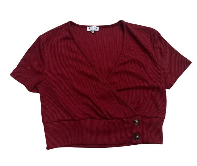 Zalora Maroon Ribbed Wrap Crop Top Size M (Category: Shirts) located in Manila. Submitted by dechlotter_ (Listing ID 1468640738, Image 1). Description: - Brand: Zalora - Color: Maroon - Size: Medium (M) - Material: Comfortable ribbed knit fabric - Design: Short sleeves, v-neck wrap front - Details: Wide bottom band with two decorative tortoiseshell buttons on the right - Condition: Clean and well-maintained overall.