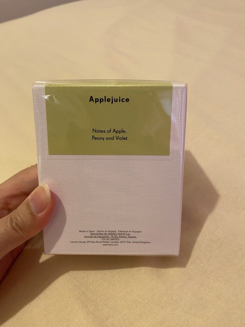 Zara Applejuice Eau De Toilette 90ml (Category: Fragrance & Deodorants) located in Makati City. Submitted by prelovedbymika_ (Listing ID 1468523966, Image 3). Description: - Brand: Zara (Day Collection) - Fragrance: Applejuice Eau De Toilette - Size: 90 ml - Scent Notes: Fresh apple, peony, and violet - Condition: Brand new, sealed with plastic wrapping intact - Packaging: Includes original box - RFS: Wrong perfume bought.