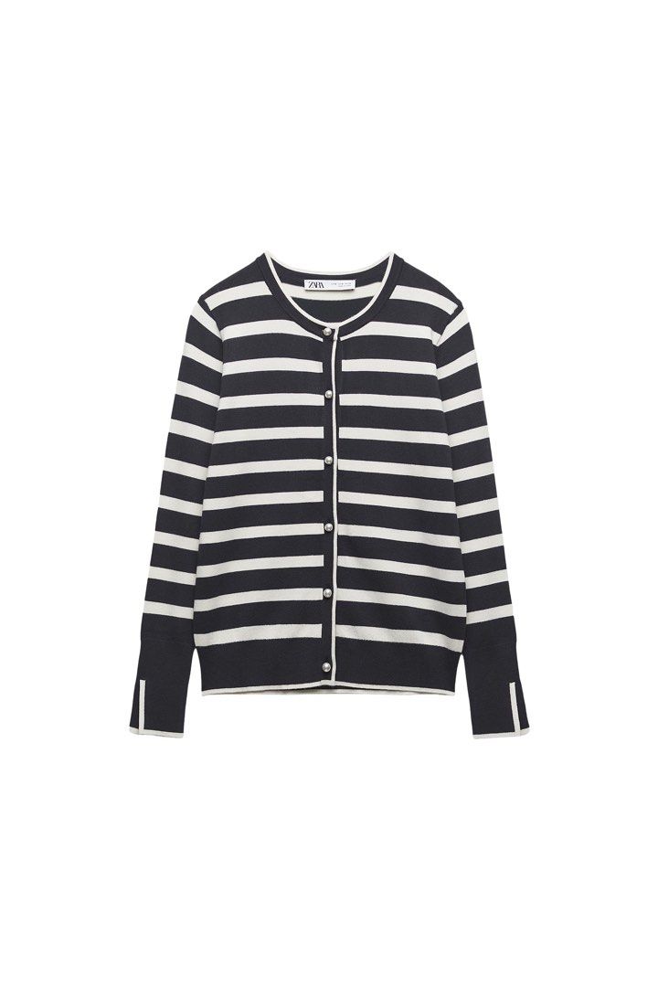 Zara Jacket (Category: Coats, Jackets and Outerwear) located in Manila. Submitted by love.lyxph (Listing ID 1468575068, Image 1). Description: Zara Basic Striped Jacket with pearl buttons Issue: Removed tags Color: Dark Blue and Cream.