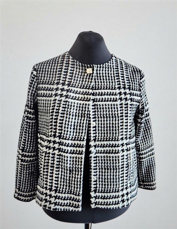 Zara Jacket (Category: Coats, Jackets and Outerwear) located in Manila. Submitted by love.lyxph (Listing ID 1468616695, Image 1). Description: Zara Basic black and white houndstooth tweed snap-front collarless jacket Honest issue: Discoloration sa loob pero wala effect sa outee part..