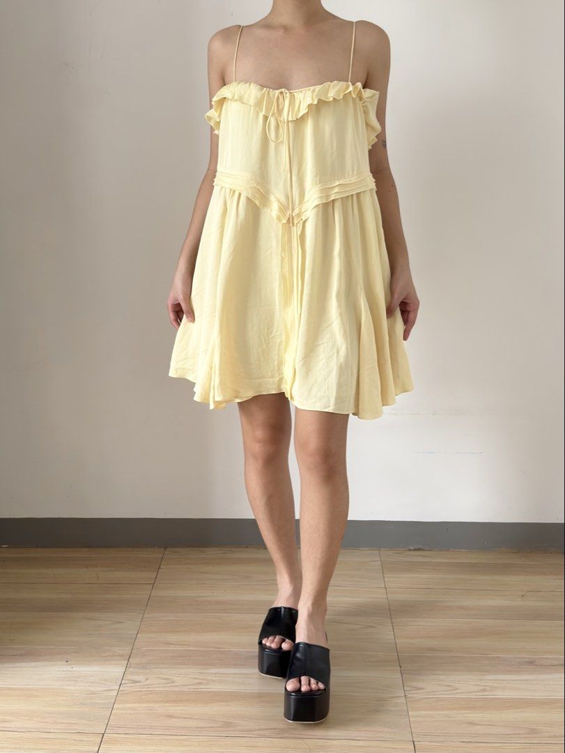 Zara Yellow Ruffle Strap Mini Dress (Category: Dresses) located in Las Pinas. Submitted by flyfarflower (Listing ID 1468514423, Image 1). Description: - Brand: Zara - Style: Yellow mini dress with tiered flared skirt - Details: Spaghetti straps, ruffle trim on neckline and back, adjustable front tie strings - Size: XS (EUR/USA XS) - Condition: Brand new with original tags, never worn - Material: Lightweight fabric - Origin: Made in Morocco.