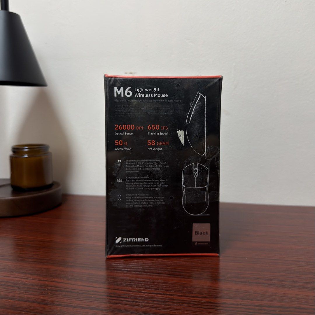 Zifriend M6 Lightweight Wireless Mouse (Black) (Category: Mouse & Mousepads) located in Quezon City. Submitted by teejcoching (Listing ID 1468541901, Image 2). Description: - Condition: Brand new, still sealed in original packaging - Black - Weight: Ultra-lightweight at only 58 grams - Connectivity: Tri-mode (Bluetooth 5.0, 2.4G wireless, and wired Type-C) - Performance: 26000 DPI optical sensor, 650 IPS tracking, and 50G acceleration - Battery L