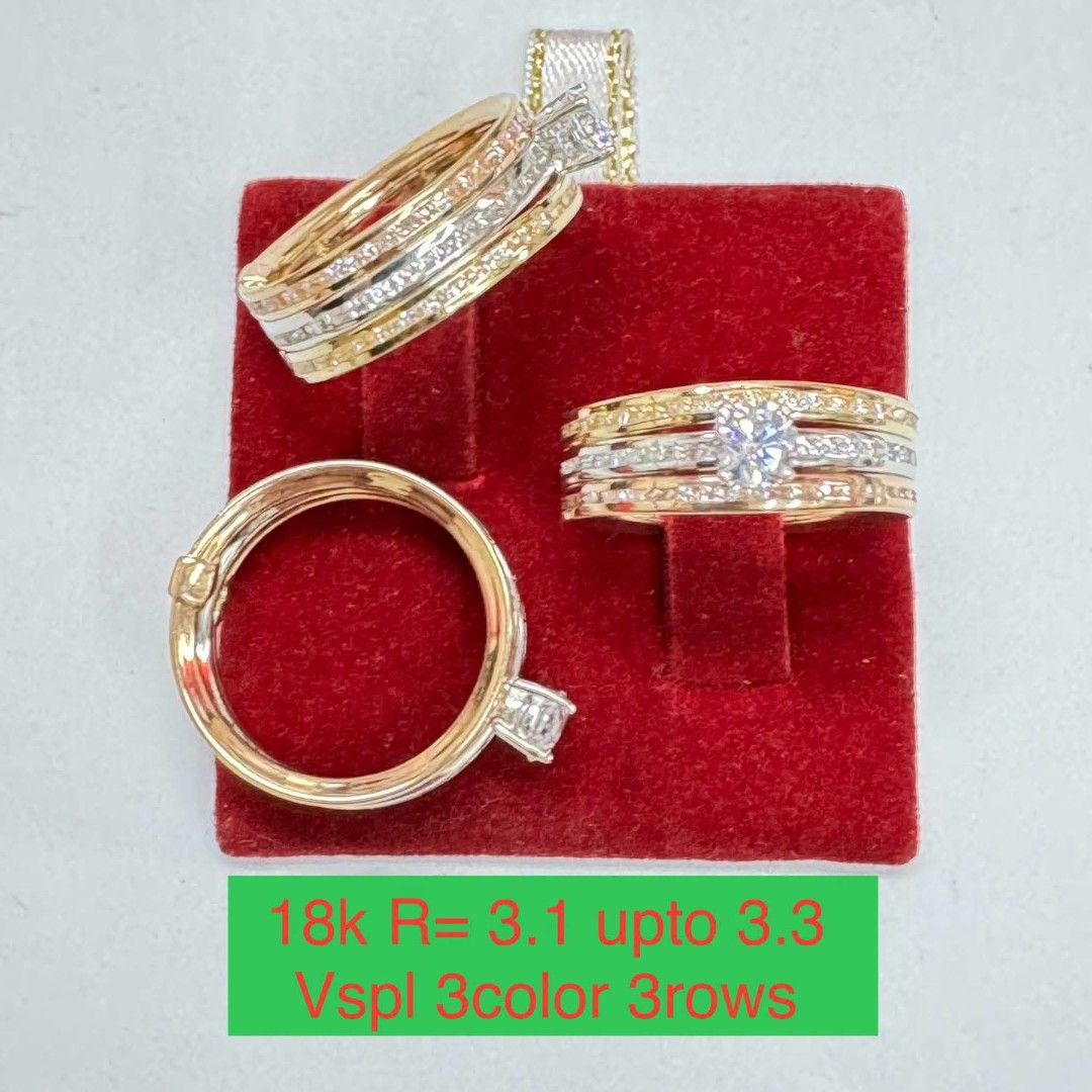 18k 3-Color 3-Row Diamond Ring Set (Category: Rings) located in Marikina City. Submitted by emmstaule (Listing ID 1468713422, Image 1). Description: - Material: Authentic 18k multi-color gold (approx. 3.1 - 3.3 grams) - Design: Stunning 3-row set with a sparkling pave diamond center and band details - Versatility: Wear together as a stacked statement piece or separately for everyday elegance - Condition: Clean, well-maintained, and comes with its