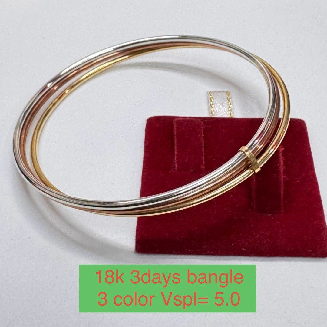 18k 3-color Vspl=5.0 3days bangle (Category: Bracelets) located in Marikina City. Submitted by emmstaule (Listing ID 1468714218, Image 1). Description: - Material: Authentic 18k 3-color gold (Yellow, Rose, and White gold tones) - Design: Elegant 3-day style with interlocking tri-color rings and a solid build - Size: Vspl 5.0 - Finish: Smooth and polished for comfortable daily wear - Versatility: Perfect for your everyday stack or dressing up for 