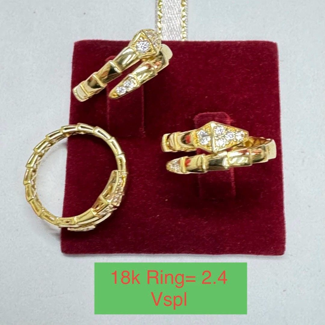 18k Gold Ring Snake Design With Diamonds (Category: Rings) located in Marikina City. Submitted by emmstaule (Listing ID 1468713168, Image 1). Description: - Material: Authentic 18k gold - Weight: 2.4 grams - Design: Elegant snake motif with flexible band for comfortable wear - Details: Sparkly diamond accents on the head and tail sections - Inclusions: Includes a red velvet display pad.