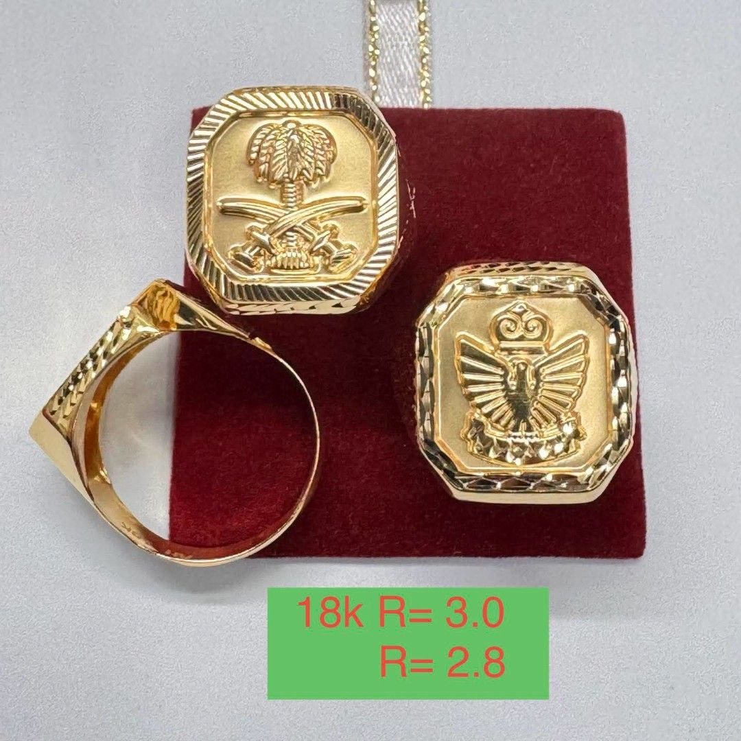 18k Gold Rings Saudi Emblem and Eagle Design (Category: Rings) located in Marikina City. Submitted by jhem.andcojewelry (Listing ID 1468713622, Image 1). Description: - 100% Solid 18k yellow gold with heavy, high-quality craftsmanship - Two distinct designs available: Saudi Arabia national emblem (palm tree & crossed swords) or detailed eagle motif - Features stylish textured geometric borders surrounding the square faces - Properly marked with 1
