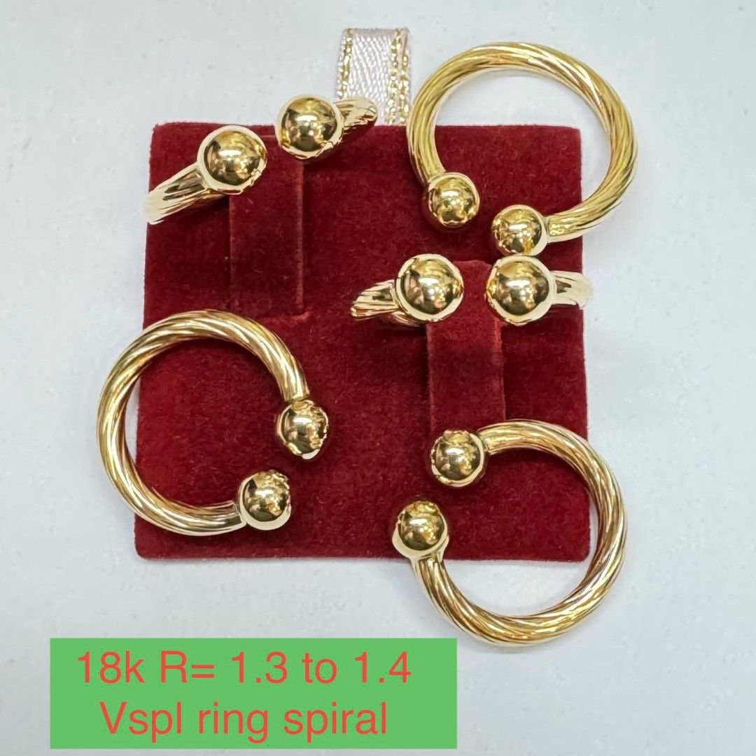 18k Gold V-Spiral Ring Set (Category: Rings) located in Marikina City. Submitted by jhem.andcojewelry (Listing ID 1468713126, Image 1). Description: - Material: Solid 18k yellow gold - Design: Twist spiral band with ball ends and a glossy finish - Sizes: Available in sizes 1.3 to 1.4 - Set: Includes multiple pieces - Condition: Brand new and high quality.
