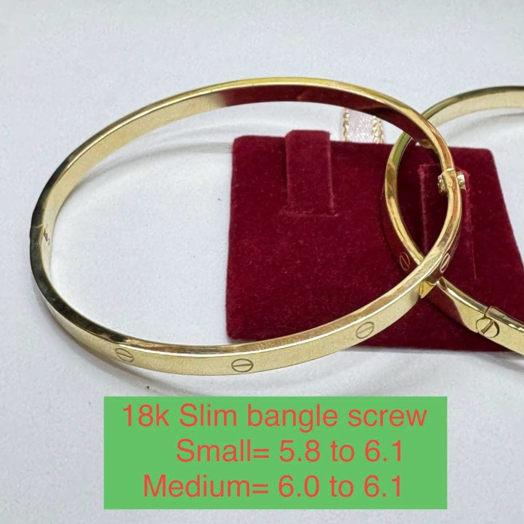 18k Slim Screw Bangle Bracelet (Category: Bracelets) located in Marikina City. Submitted by emmstaule (Listing ID 1468713712, Image 1). Description: - Material: 18k gold slim screw bangle - Design: Classic style with all-around engraved screw motifs - Finish & Feel: Clean polished finish with a nice, premium weight - Sizing: * Small: Fits wrists 5.8 to 6.1 inches * Medium: Fits wrists 6.0 to 6.1 inches - Styling: Great everyday accessory to wear 