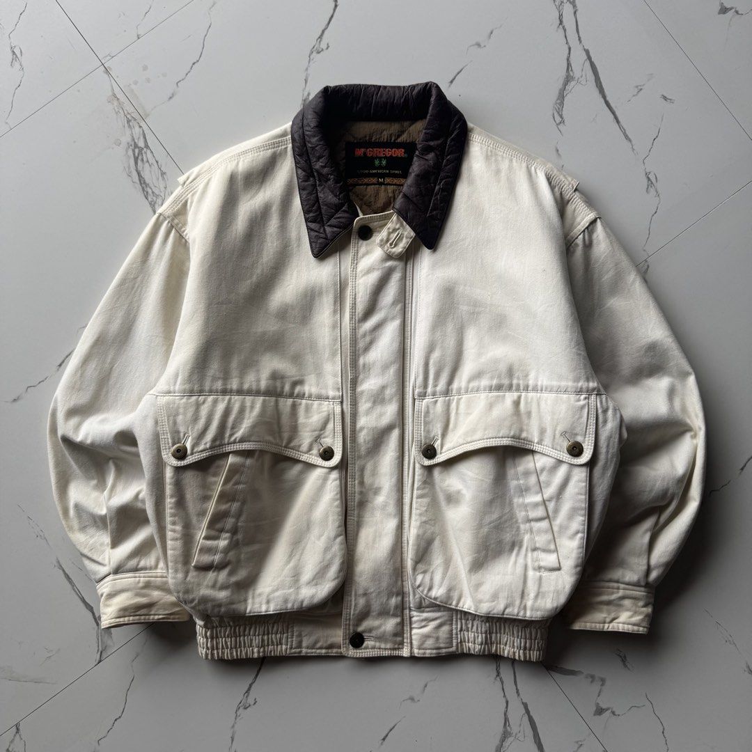 1990s McGregor Quilt Lined Leather Collar Flight Bomber Jacket (Category: Coats, Jackets and Outerwear) located in Baguio. Submitted by retrophiletown (Listing ID 1468895919, Image 2). Description: 1990s McGregor Quilt Lined Leather Collar Flight Bomber Jacket Measurement in inches Width: 25.5 Length: 25.5 issue: minor dirt stain .
