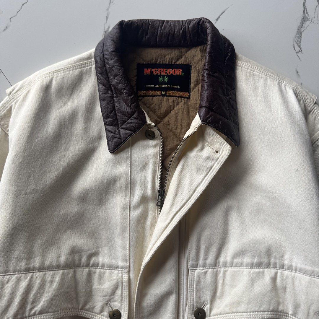 1990s McGregor Quilt Lined Leather Collar Flight Bomber Jacket (Category: Coats, Jackets and Outerwear) located in Baguio. Submitted by retrophiletown (Listing ID 1468895919, Image 3). Description: 1990s McGregor Quilt Lined Leather Collar Flight Bomber Jacket Measurement in inches Width: 25.5 Length: 25.5 issue: minor dirt stain .