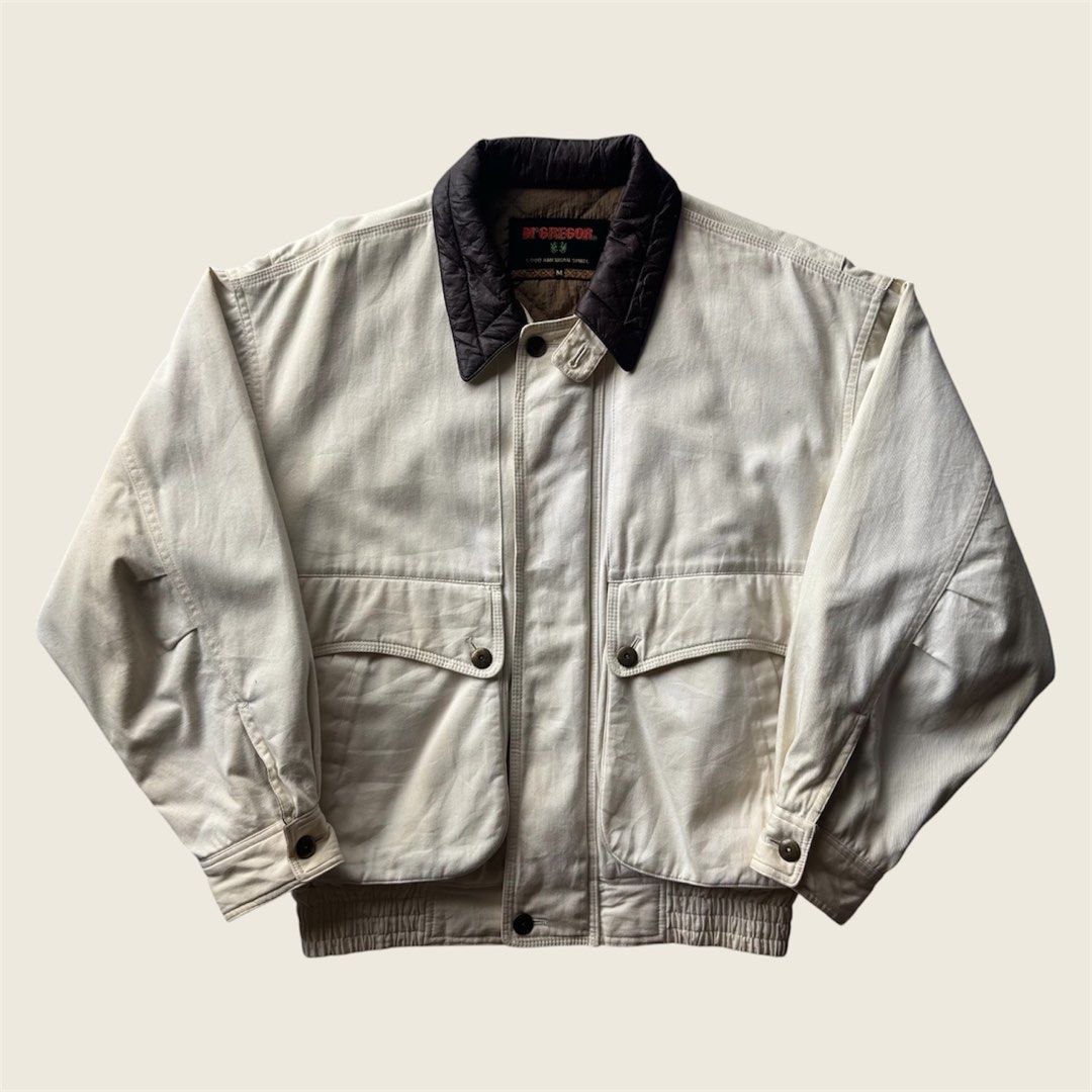 1990s McGregor Quilt Lined Leather Collar Flight Bomber Jacket (Category: Coats, Jackets and Outerwear) located in Baguio. Submitted by retrophiletown (Listing ID 1468895919, Image 1). Description: 1990s McGregor Quilt Lined Leather Collar Flight Bomber Jacket Measurement in inches Width: 25.5 Length: 25.5 issue: minor dirt stain .