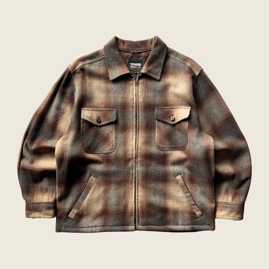 1990s Uniqlo Ombre Wool Plaid Jacket (Category: Coats, Jackets and Outerwear) located in Baguio. Submitted by retrophiletown (Listing ID 1468893273, Image 1). Description: 1990s Uniqlo Ombre Wool Plaid Jacket Measurement in inches Width: 24.5 Length: 27 Issue: hole .
