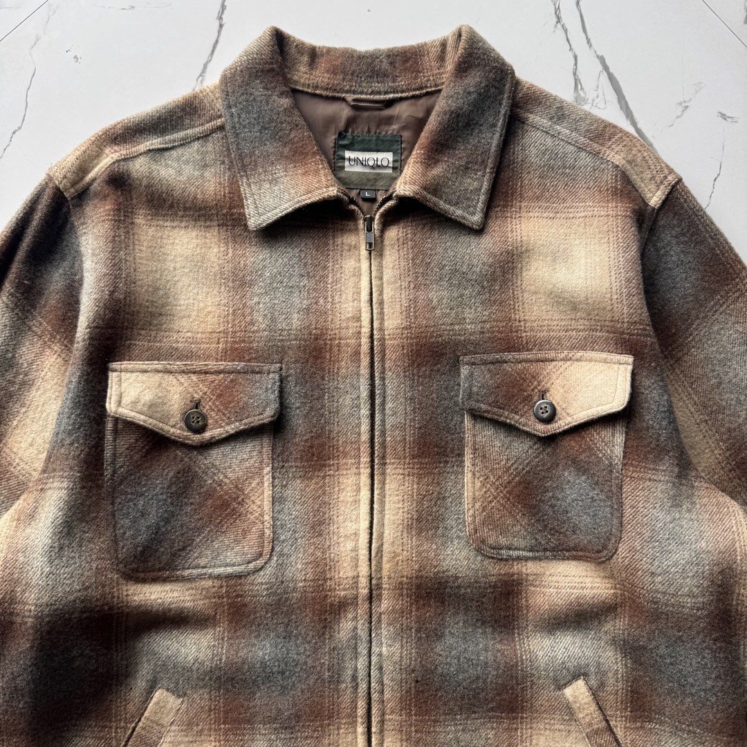 1990s Uniqlo Ombre Wool Plaid Jacket (Category: Coats, Jackets and Outerwear) located in Baguio. Submitted by retrophiletown (Listing ID 1468893273, Image 2). Description: 1990s Uniqlo Ombre Wool Plaid Jacket Measurement in inches Width: 24.5 Length: 27 Issue: hole .