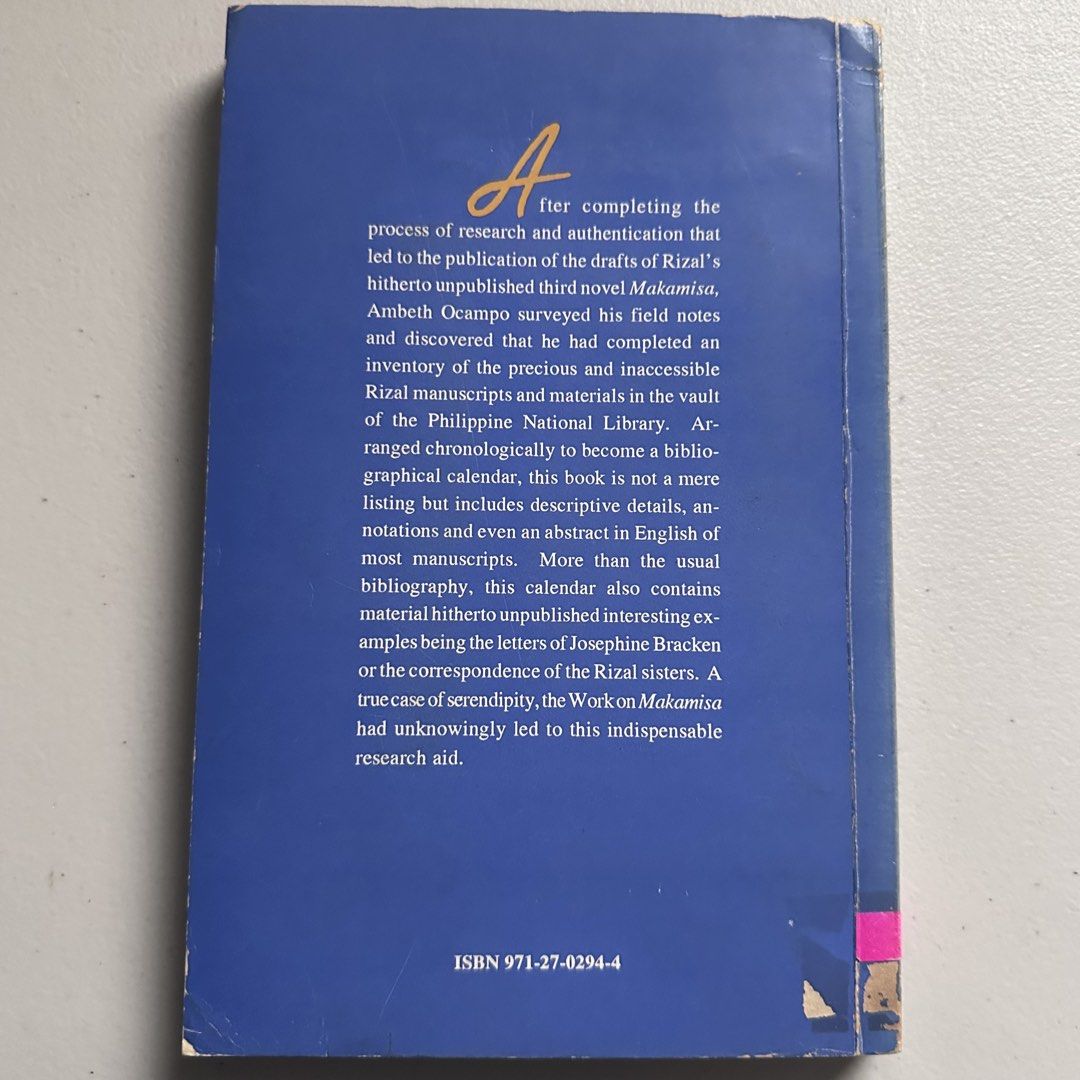 1st Edition Calendar for Rizaliana - Ambeth Ocampo (Category: Storybooks) located in General Tinio. Submitted by tindangaklat (Listing ID 1468821320, Image 2). Description: Signed by Ambeth Ocampo.
