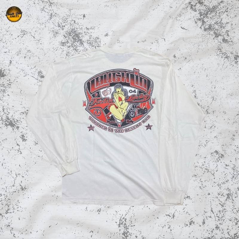 2004 Laughlin Feeling Lucky Sweatshirt (Category: Tshirts & Polo Shirts ) located in Legazpi City. Submitted by southeastjunkies (Listing ID 1468858964, Image 1). Description: 2004 Laughlin Feeling Lucky Sweatshirt (Vintage Bike Tee) W-22 L-31 Issue: Pinhole Price: 300+sf MOP: GCash Delivery: J&T.