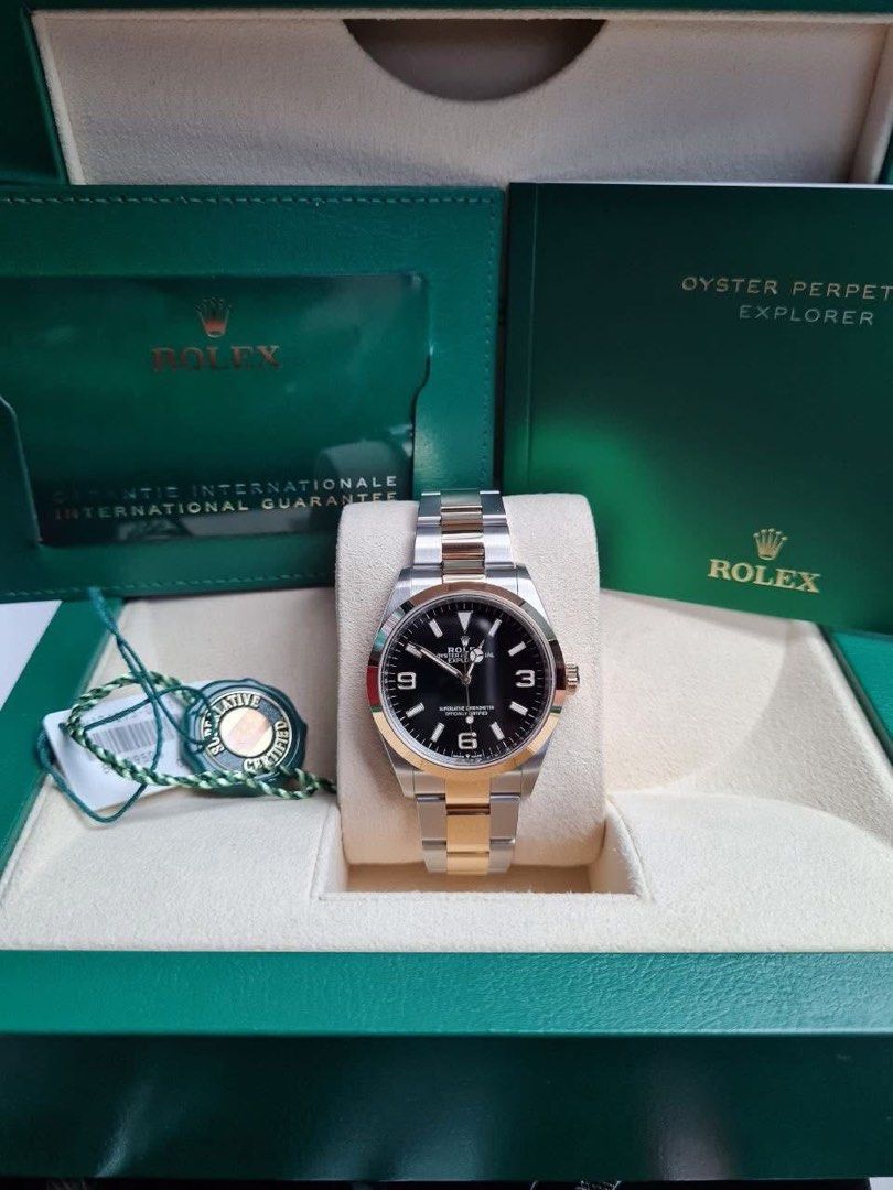 2021 Rolex Explorer Two-Tone Yellow Gold (Category: Luxury Watches) located in Quezon City. Submitted by justindazo (Listing ID 1468785693, Image 1). Description: Rolex Explorer Two-Tone Yellow Gold Reference 124273 Like New Condition: 9.5/10 Movement: Calibre 3230 Case Size: 36mm Complete Set - Box, Warranty Card, Manual, Tag Year - 2021 ₱590,000 Price is Negotiable PM for Inquiries 📩 / 09666880672 Meet-ups can be arranged 📍 Open for Authentic