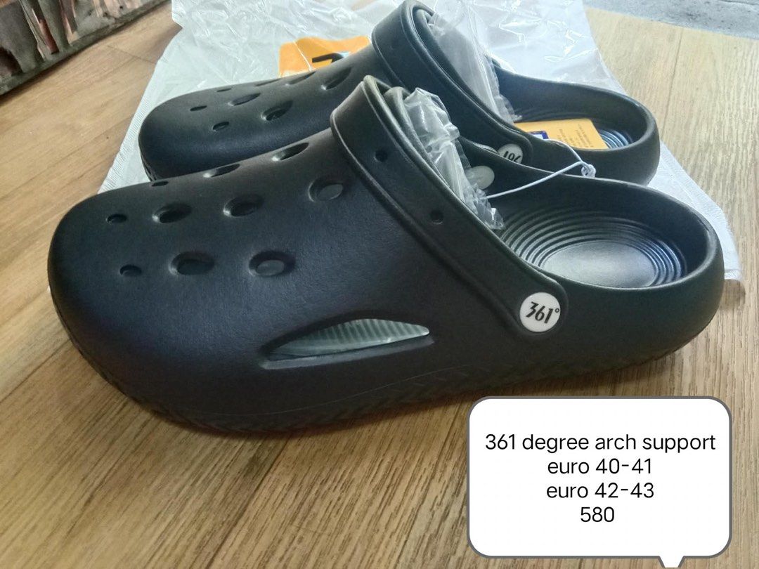 361 Degrees Arch Support Clogs Black Size 42-43 (Category: Slippers & Slides) located in Manila. Submitted by whenn_1985 (Listing ID 1468799050, Image 1). Description: - Brand: 361 Degrees - Item: Arch Support Clogs - Color: Solid Black - Size: 42-43 (270) - Condition: Brand new with tags in original packaging - Design: Slip-on with top ventilation holes - Sole: Textured with anti-slip pattern.