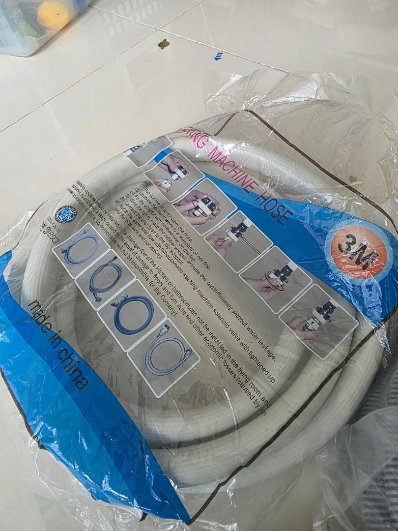 TAKE ALL! Automatic Washing Machine Inlet Hose with Drainage Pipe (Category: Washing Machines and Dryers) located in Taguig. Submitted by ziostore (Listing ID 1468767275, Image 3). Description: - 3-meter washing machine inlet hose buy in Ace hardware 700 pesos - Includes various connectors, tap adapters, and thread seal tape buy in Ac3 hardware 200 pesos - 2-meter gray corrugated drainage hose included buy in shope3 150 pesos - Brand new in origi