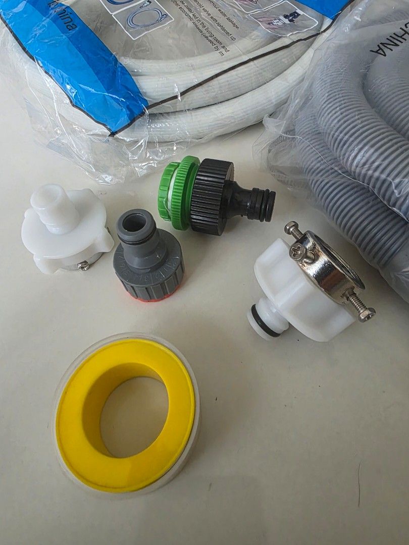 TAKE ALL! Automatic Washing Machine Inlet Hose with Drainage Pipe (Category: Washing Machines and Dryers) located in Taguig. Submitted by ziostore (Listing ID 1468767275, Image 2). Description: - 3-meter washing machine inlet hose buy in Ace hardware 700 pesos - Includes various connectors, tap adapters, and thread seal tape buy in Ac3 hardware 200 pesos - 2-meter gray corrugated drainage hose included buy in shope3 150 pesos - Brand new in origi