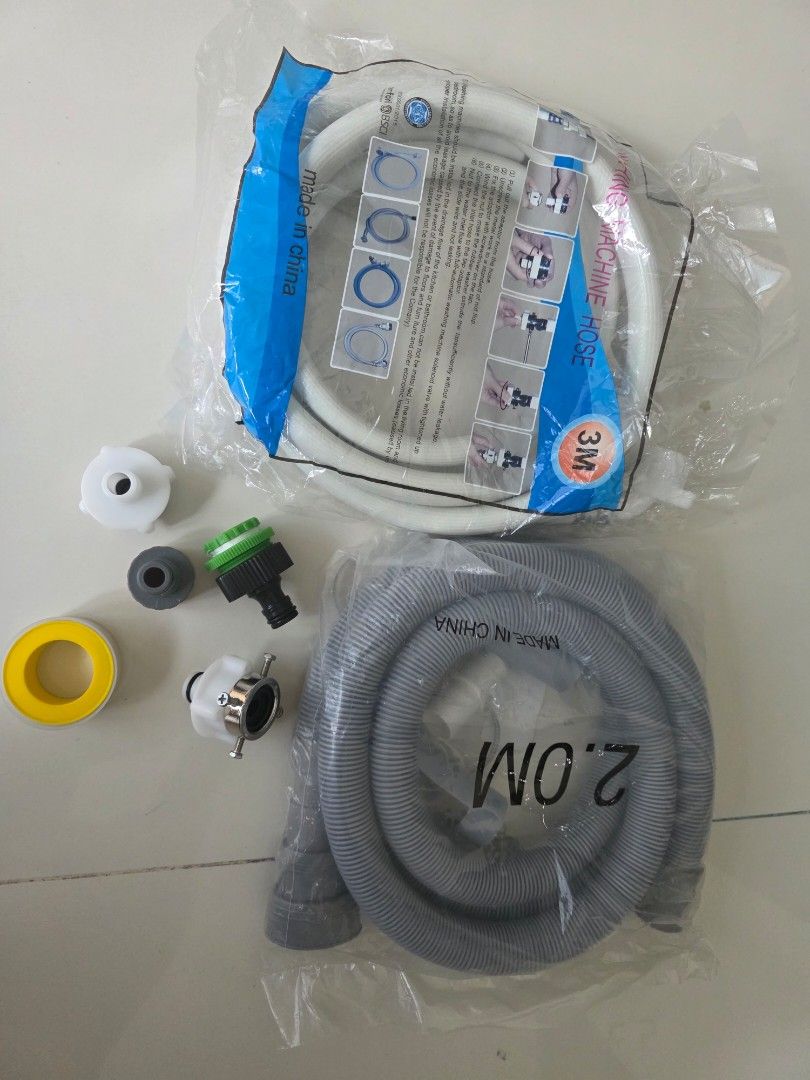 TAKE ALL! Automatic Washing Machine Inlet Hose with Drainage Pipe (Category: Washing Machines and Dryers) located in Taguig. Submitted by ziostore (Listing ID 1468767275, Image 1). Description: - 3-meter washing machine inlet hose buy in Ace hardware 700 pesos - Includes various connectors, tap adapters, and thread seal tape buy in Ac3 hardware 200 pesos - 2-meter gray corrugated drainage hose included buy in shope3 150 pesos - Brand new in origi