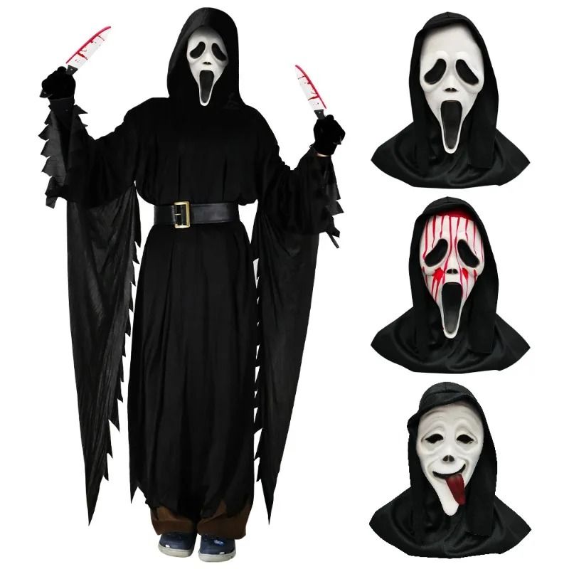 3pcs Halloween Costume Ghost Grim Reaper Screaming Cloak Black Cape ...