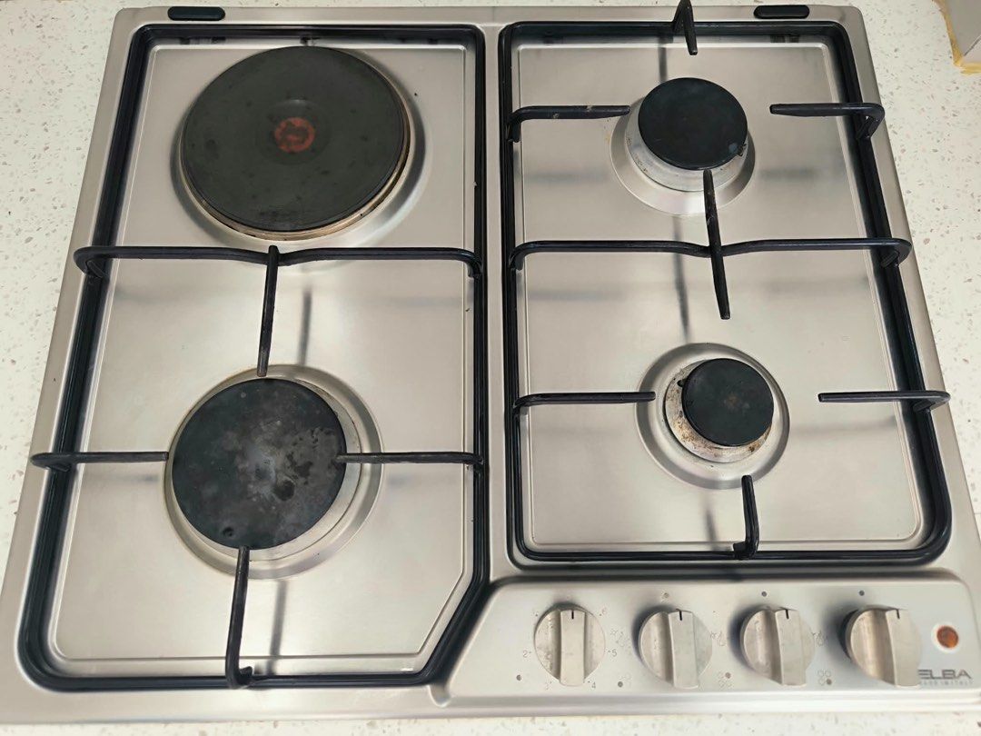 4-Burner Built-In Gas Hob ELBA (Category: Cookware & Accessories) located in Muntinlupa City. Submitted by 13gracious (Listing ID 1468721167, Image 3). Description: 4 total burners: 1 electric hotplate (top left) and 3 gas burners With regulator complete set and LPG. Manual igniter. .