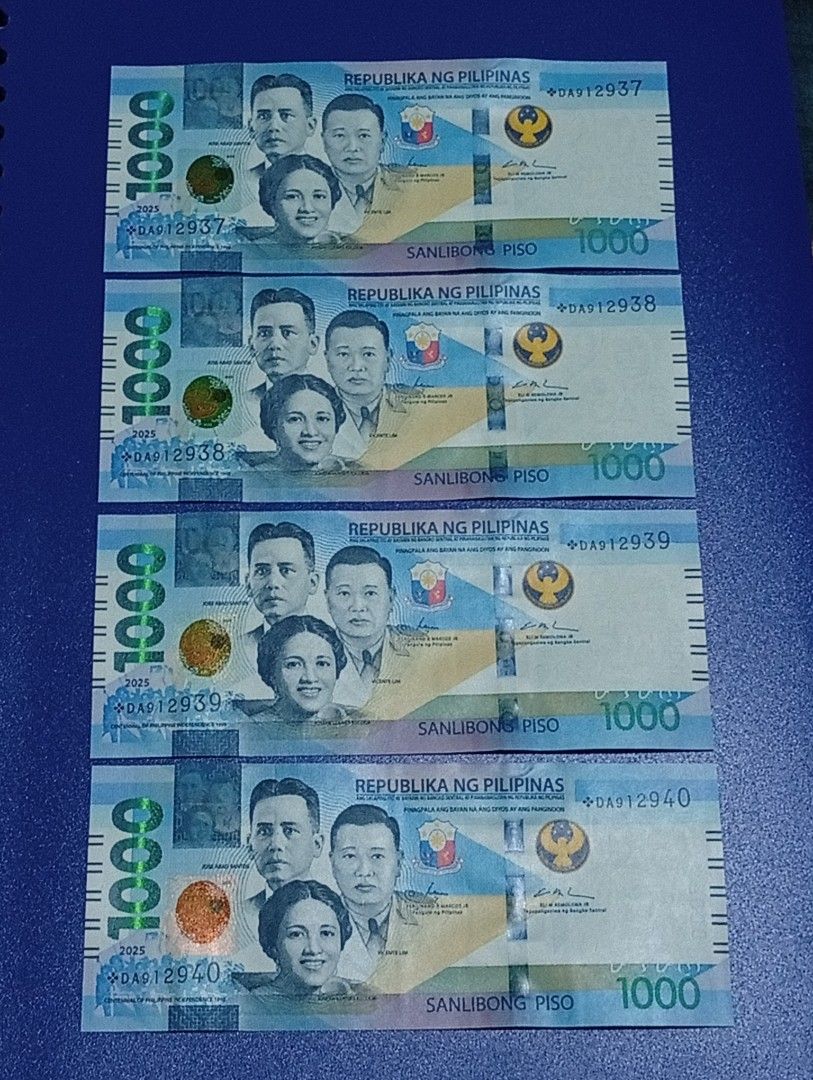 4pcs Consecutive Serial StarNotes 1000 Piso Bills (Category: Currency) located in Lipa City. Submitted by mark_collections (Listing ID 1468777619, Image 1). Description: 4pcs Consecutive Serial StarNotes 1000 Piso Bills Mode of Payment: Gcash.