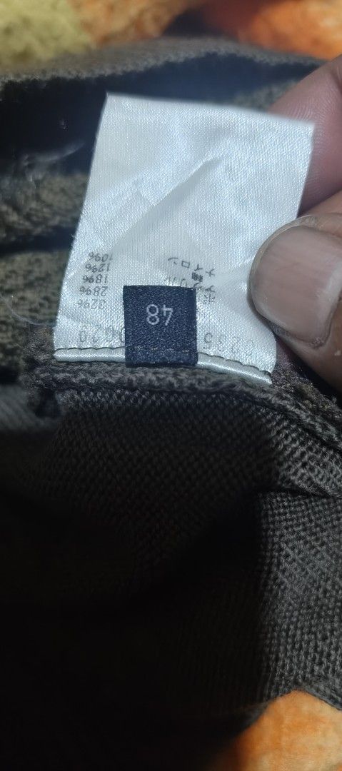 5351 Pour Les Hommes Patchwork Knit Sweater (Category: Coats, Jackets and Outerwear) located in Caloocan City. Submitted by abykilo99-61094 (Listing ID 1468845686, Image 3). Description: - Brand: 5351 Pour Les Hommes - Size: 48 (Labeled on tag) ft to medium large - Color: Olive green and dark charcoal grey - Origin: Made in Japan - Design: Complex patchwork with multiple knit patterns, cable knit panels, and textured fabric blocks - Details: V-ne