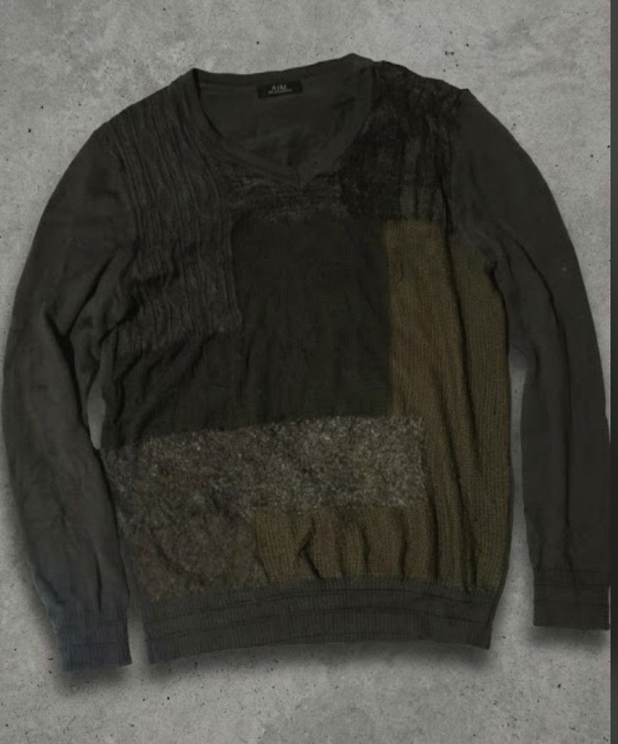 5351 Pour Les Hommes Patchwork Knit Sweater (Category: Coats, Jackets and Outerwear) located in Caloocan City. Submitted by abykilo99-61094 (Listing ID 1468845686, Image 1). Description: - Brand: 5351 Pour Les Hommes - Size: 48 (Labeled on tag) ft to medium large - Color: Olive green and dark charcoal grey - Origin: Made in Japan - Design: Complex patchwork with multiple knit patterns, cable knit panels, and textured fabric blocks - Details: V-ne