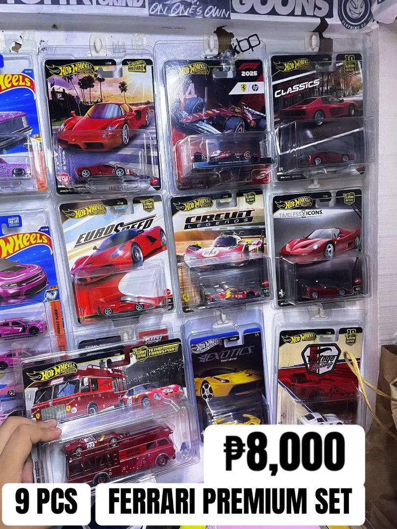 9 PCS Hot Wheels Ferrari Premium Set (Category: Vehicle & Diecast Models) located in Quezon City. Submitted by huntwithnyx (Listing ID 1468740829, Image 1). Description: - Lot of 9 Hot Wheels Ferrari premium die-cast cars - Includes models from Euro Speed, Circuit Legends, Modern Classics, and Team Transport - All cars come on original carded blisters - Selling as a complete set for ₱8,000 - Ideal collection starter or addition for serious die-ca