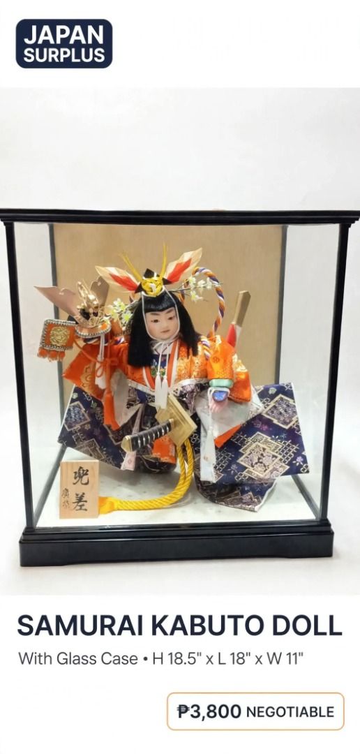 🇯🇵 *Authentic Japanese Gogatsu Ningyo* (Category: Vintage Collectibles) located in Caloocan City. Submitted by nilo2002 (Listing ID 1468873693, Image 1). Description: 🇯🇵 *Authentic Japanese Gogatsu Ningyo* - Samurai Boy with Armor & Katana (Kabuto) - With Glass Case - Black Frame - Size: H 18.5" x L 18" x W 11" (Malaki!) - Material: Silk Kimono with Gold Brocade - With Wooden Nameplate (Kanji) - Made in Japan ✅ Condition: GOOD - No Damage wit
