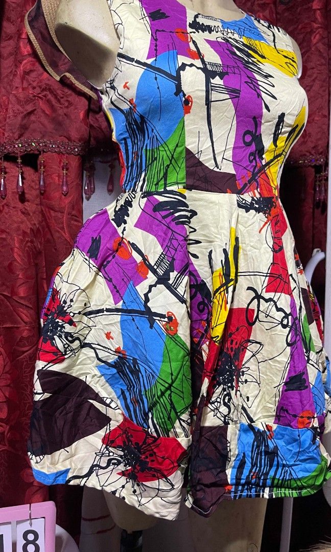 Abstrack mini dress (Category: Dresses) located in Manila. Submitted by wheneity67thifted (Listing ID 1468927548, Image 2). Description: semi medium size This item is a sleeveless, fit-and-flare mini dress featuring a colorful abstract and graffiti-style brushwork print with a rounded neckline and a full skirt. Similar styles have been produced by fast-fashion and online labels like Choies and ROMWE..