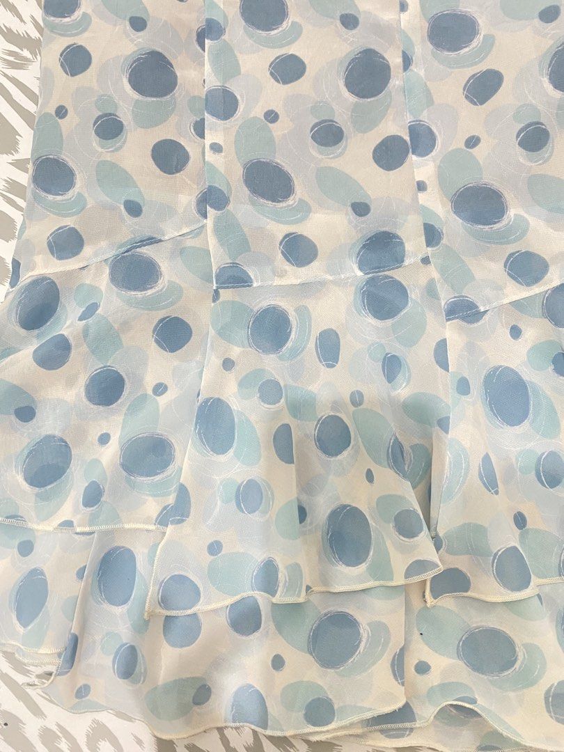 Abstract Dot Print Tiered Chiffon Midi Skirt (Category: Skirts) located in Baguio. Submitted by sollunathrift13 (Listing ID 1468885179, Image 2). Description: size:26-27 s-m length:23 Item Type: Tiered / Ruffled Midi Skirt Color & Pattern: Light blue, slate blue, and teal abstract dot / brushstroke bubble print on a white/off-white background Design Features: Multi-tiered ruffled hem line with lettuce-edge finish Fully lined interior in light gra