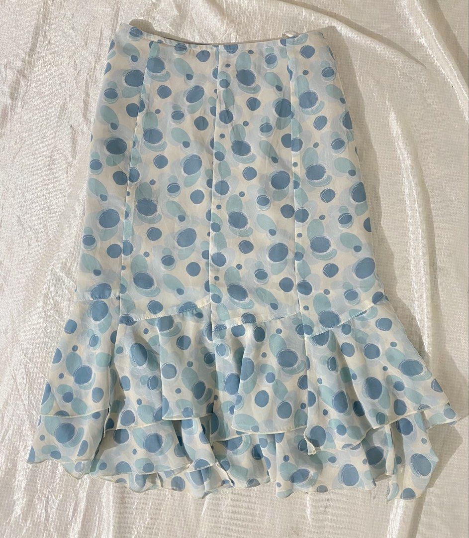 Abstract Dot Print Tiered Chiffon Midi Skirt (Category: Skirts) located in Baguio. Submitted by sollunathrift13 (Listing ID 1468885179, Image 1). Description: size:26-27 s-m length:23 Item Type: Tiered / Ruffled Midi Skirt Color & Pattern: Light blue, slate blue, and teal abstract dot / brushstroke bubble print on a white/off-white background Design Features: Multi-tiered ruffled hem line with lettuce-edge finish Fully lined interior in light gra