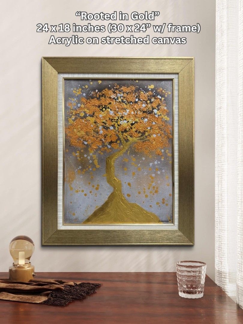 Abstract Painting "Rooted in Gold" (Category: Art & Prints) located in Quezon City. Submitted by obranitian (Listing ID 1468815594, Image 1). Description: Size: 24 x 18 inches (30 x 24" w/ frame) Acrylic paint with varnish finishing On stretched Canvas with gold frame With COA Ready to Display Pm me for details.