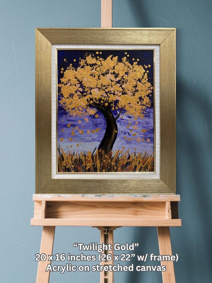 Abstract Tree Painting "Twilight Gold" (Category: Art & Prints) located in Quezon City. Submitted by obranitian (Listing ID 1468818107, Image 1). Description: Size: 20 x 16 inches (26 x 22" w/ frame) Acrylic paint with varnish finishing On stretched Canvas with gold frame With COA Ready to Display Pm me for details.