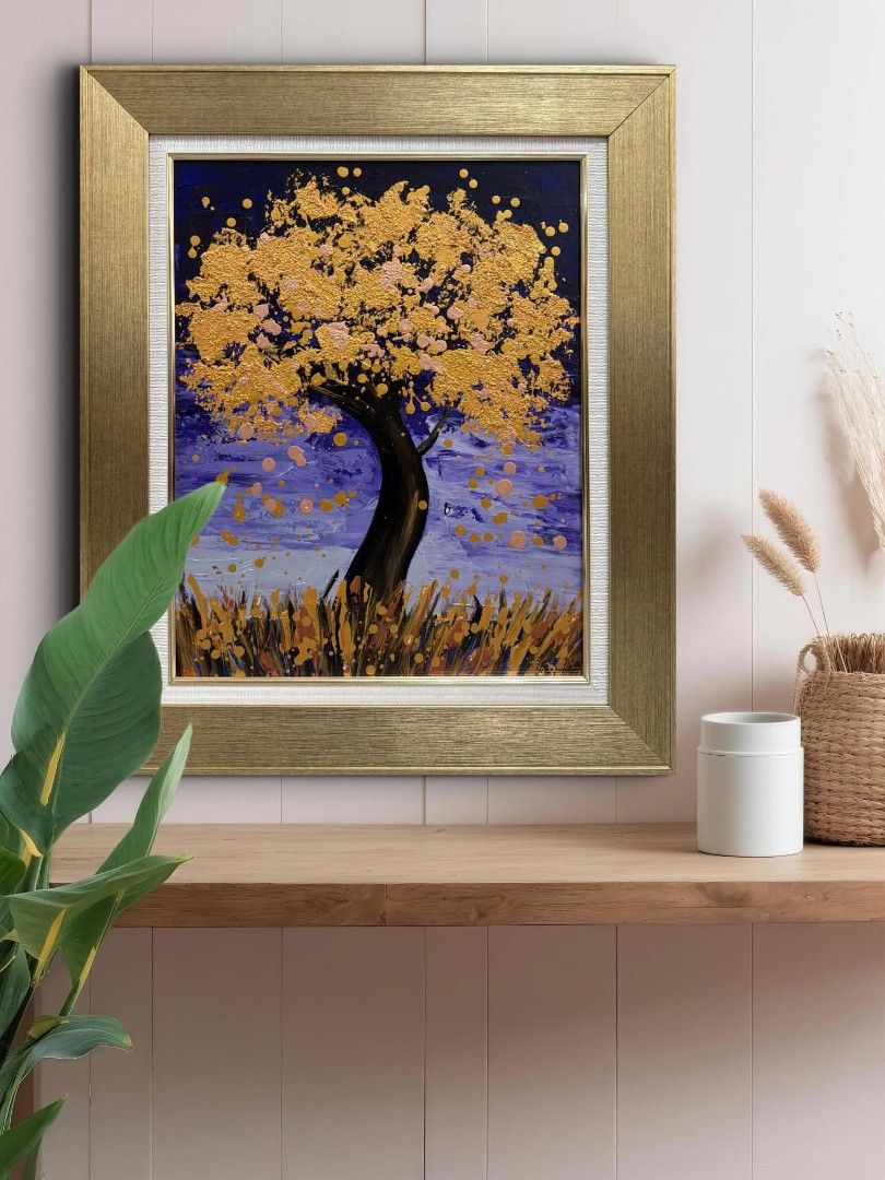 Abstract Tree Painting "Twilight Gold" (Category: Art & Prints) located in Quezon City. Submitted by obranitian (Listing ID 1468818107, Image 2). Description: Size: 20 x 16 inches (26 x 22" w/ frame) Acrylic paint with varnish finishing On stretched Canvas with gold frame With COA Ready to Display Pm me for details.