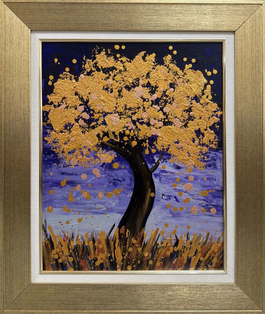 Abstract Tree Painting "Twilight Gold" (Category: Art & Prints) located in Quezon City. Submitted by obranitian (Listing ID 1468818107, Image 3). Description: Size: 20 x 16 inches (26 x 22" w/ frame) Acrylic paint with varnish finishing On stretched Canvas with gold frame With COA Ready to Display Pm me for details.