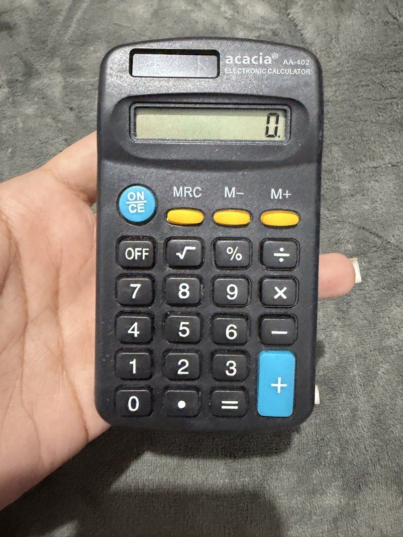 Acacia Mini Electronic Calculator (Category: Office & Business Technology) located in Mandaluyong City. Submitted by josa_xox0i8 (Listing ID 1468749942, Image 1). Description: Basic and reliable Acacia AA-402 electronic pocket calculator. Compact and lightweight, perfect for home, study, or daily quick math computations. Model: Acacia AA-402 Features: 8-digit LCD screen, solar & battery operated, standard memory keys (MRC, M-, M+) Condition: Pre-