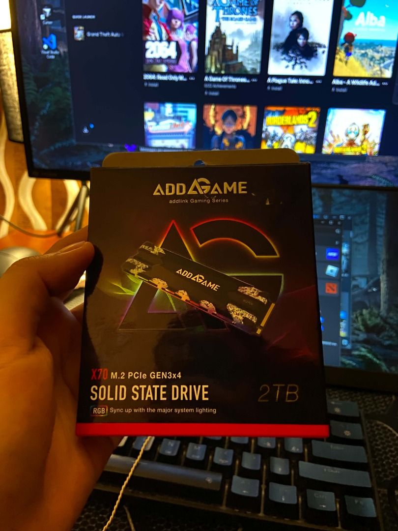 Addlink Addgame X70 2TB SSD (Category: Hard Disks & Thumbdrives) located in Taguig. Submitted by thirdypadilla_ (Listing ID 1468794498, Image 1). Description: For sale addlink addGame X70 2TB M.2 RGB with Dram Cache 12k - negotiable • Capacity: 2TB (2,000 GB) • Form Factor: M.2 2280 • Interface: PCIe Gen3 x4, NVMe 1.3 • Sequential Read Speed: Up to 3,500 MB/s • Sequential Write Speed: Up to 3,000 MB/s • Random Read/Write IOPS: Up to 550K / 680K (