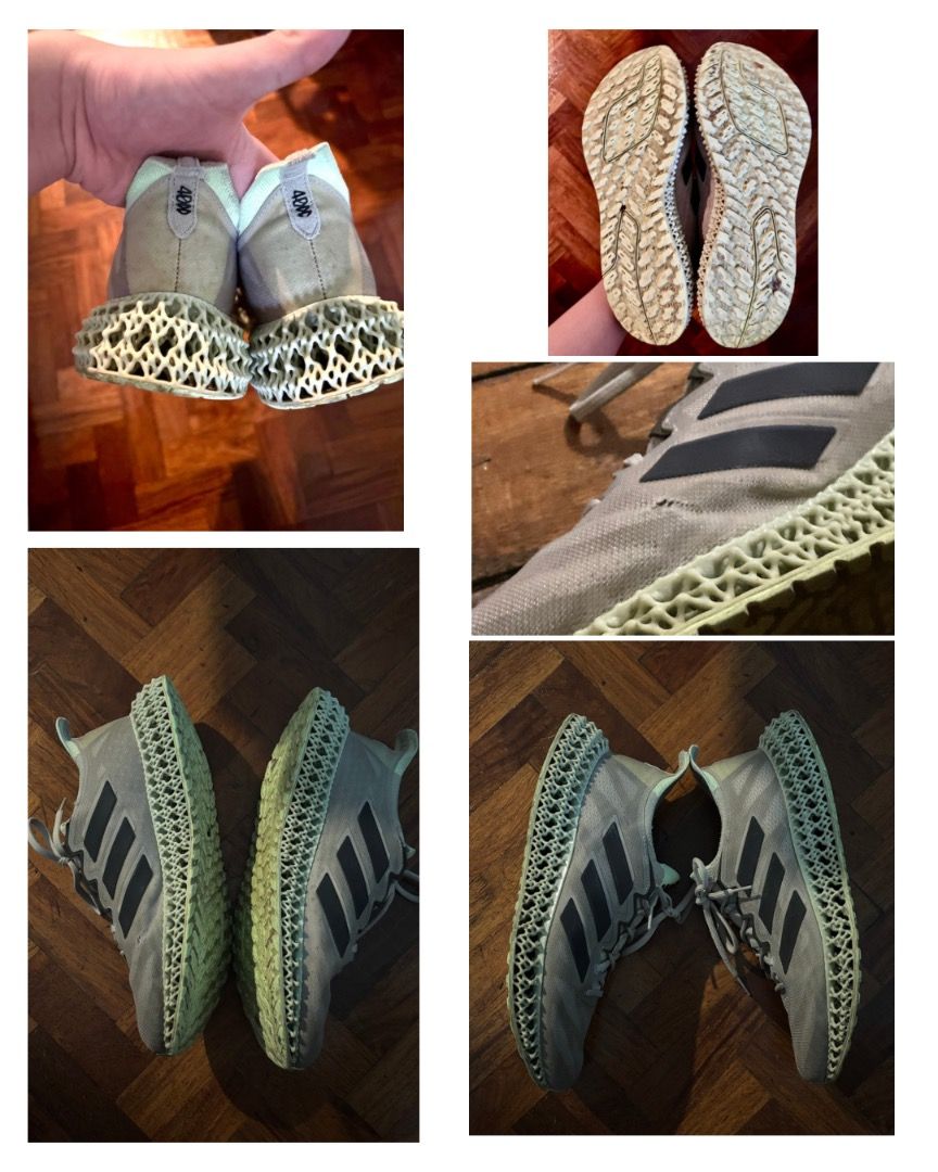 Adidas 4D Run 1.0 (Category: Sneakers) located in Pasig City. Submitted by orangutan47 (Listing ID 1468853044, Image 2). Description: - Brand/Model: Adidas 4D Run 1.0 - Size: US 9.5 Men's / 26.5 cm - Colorway: Grey mesh upper with classic black three stripes - Midsole: Signature 3D printed lattice midsole in a unique greenish tint - Sole: Treaded rubber outsole with minor signs of wear - Condition: Good overall condition with a small fray/pull ne