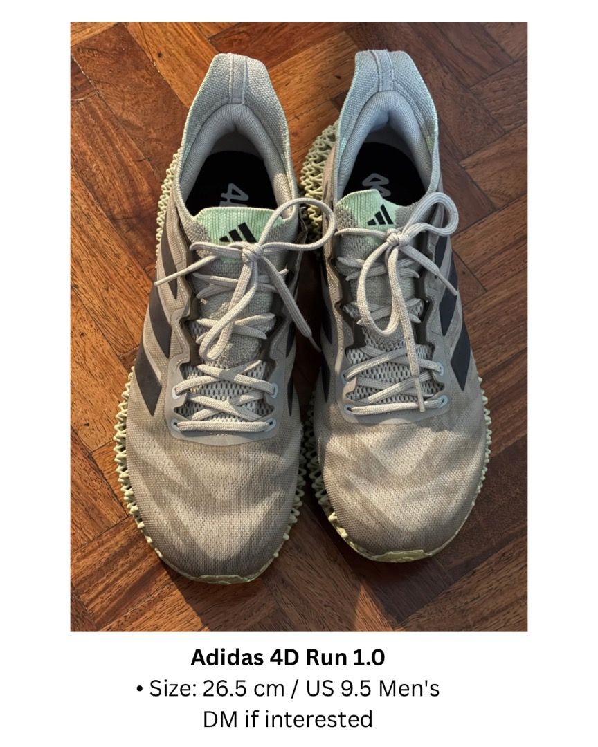 Adidas 4D Run 1.0 (Category: Sneakers) located in Pasig City. Submitted by orangutan47 (Listing ID 1468853044, Image 1). Description: - Brand/Model: Adidas 4D Run 1.0 - Size: US 9.5 Men's / 26.5 cm - Colorway: Grey mesh upper with classic black three stripes - Midsole: Signature 3D printed lattice midsole in a unique greenish tint - Sole: Treaded rubber outsole with minor signs of wear - Condition: Good overall condition with a small fray/pull ne