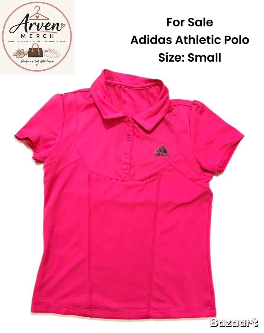 Adidas Athletic Polo Size Small (Category: Tshirts & Polo Shirts ) located in Manila. Submitted by sedpuprincess (Listing ID 1468727019, Image 1). Description: - Brand: Adidas - Color: Bright pink - Style: Athletic polo shirt with short sleeves, classic collar, and 4-button placket - Details: Subtle front paneled stitching and silver printed Adidas logo on left chest - Material: Lightweight and breathable - Condition: Excellent, well-maintained -