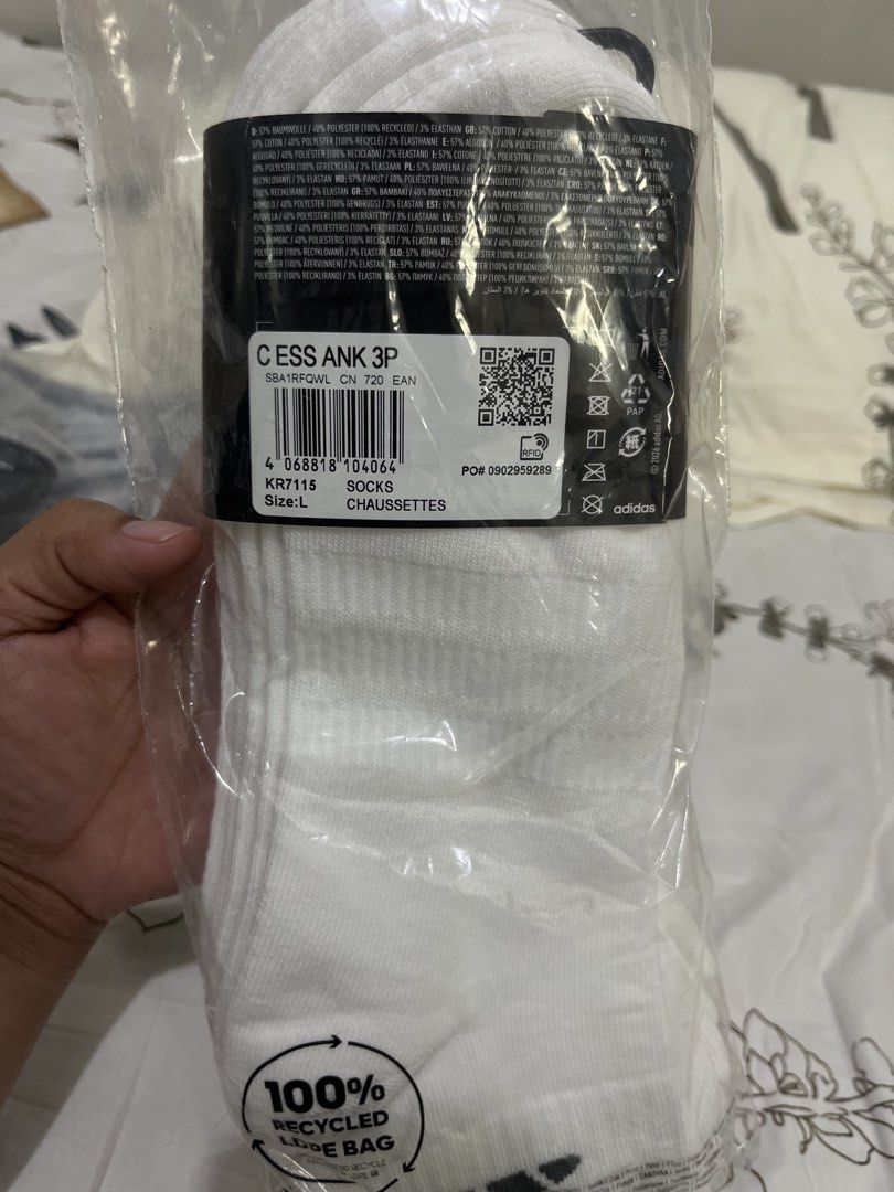 Adidas Cushioned Ankle Sock 3-Pack White Size L (Category: Socks) located in Cebu City. Submitted by itsmegeecebu (Listing ID 1468765967, Image 3). Description: - Brand: Adidas - Item: Cushioned ankle socks - Color: White with black logo - Size : Large (EU 43-45, US-M 9-10.5, UK 8.5-10) - Quantity: Pack of 3 pairs - Condition: Brand new, sealed in original plastic packaging with tags attached - RFS: Got a wrong size Guaranteed Original Adidas Soc