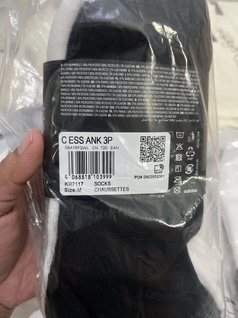Original Adidas Cushioned Ankle Socks Size M (Category: Socks) located in Cebu City. Submitted by iamgee89 (Listing ID 1468759553, Image 2). Description: - Brand new, still sealed in original packaging with tags attached - Pack of three versatile colors: grey, white, and black - Size M: fits EU 40-42 or US men 7-8.5 - Made with a soft cotton blend for daily comfort - Built-in arch support and heel cushioning, ideal for workouts or casual wear - R