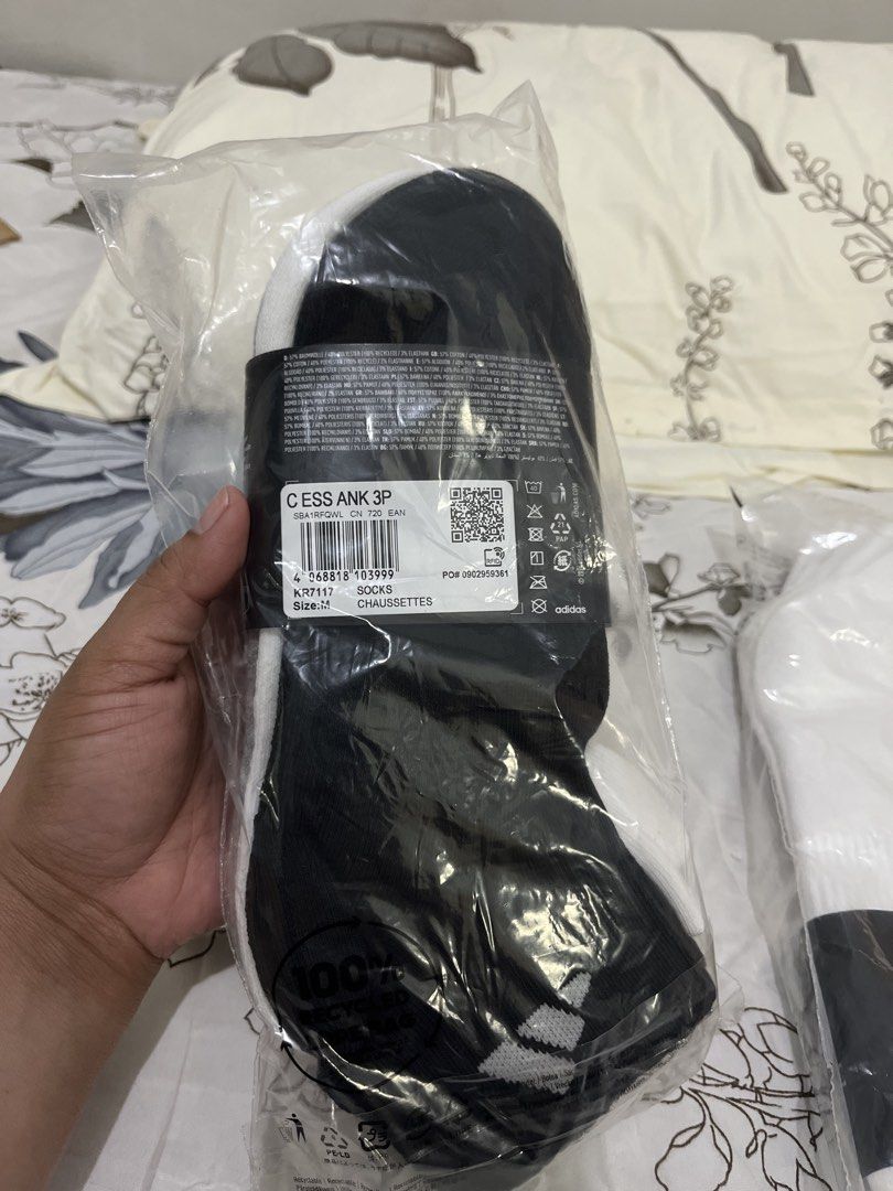 Original Adidas Cushioned Ankle Socks Size M (Category: Socks) located in Cebu City. Submitted by iamgee89 (Listing ID 1468759553, Image 3). Description: - Brand new, still sealed in original packaging with tags attached - Pack of three versatile colors: grey, white, and black - Size M: fits EU 40-42 or US men 7-8.5 - Made with a soft cotton blend for daily comfort - Built-in arch support and heel cushioning, ideal for workouts or casual wear - R